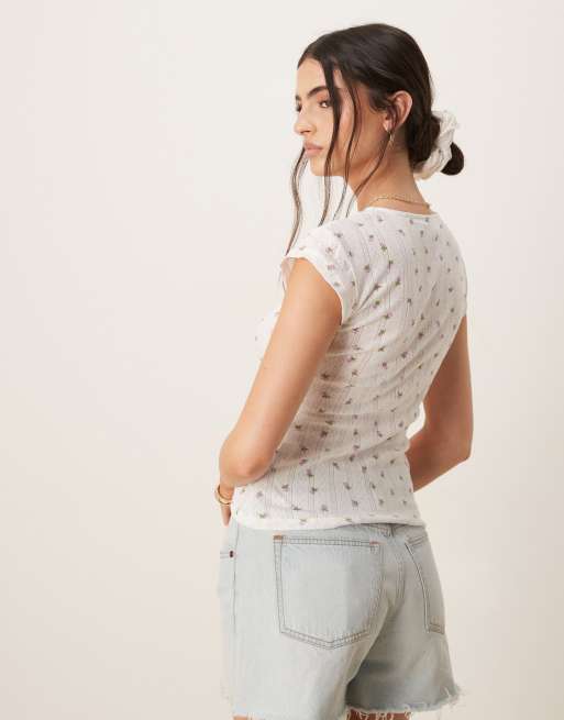 Vila - Lyserød T-shirt i pointelle med hjerteformet hals og småblomstret print, 3 af 4