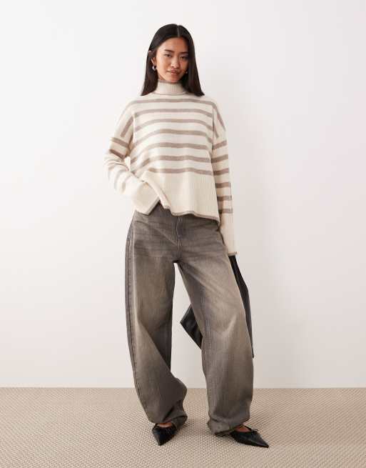 VILA - Maglione accollato a righe color crema e beige, 2 di 4