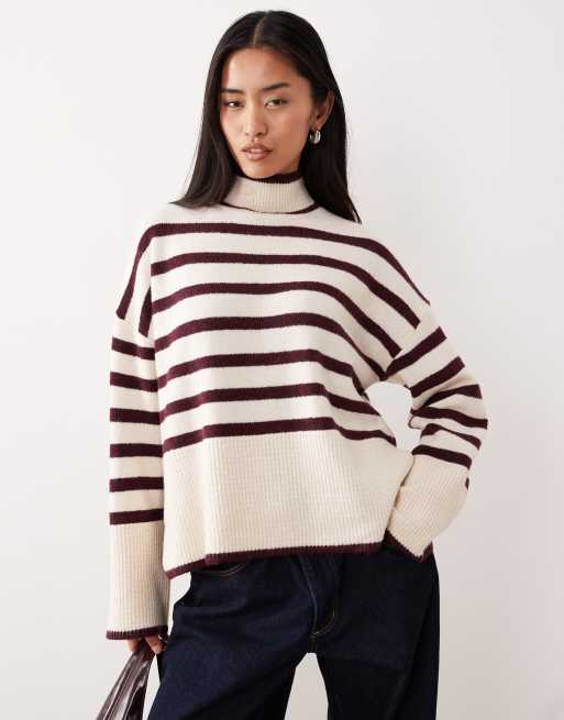 VILA - Maglione accollato a righe color crema e bordeaux