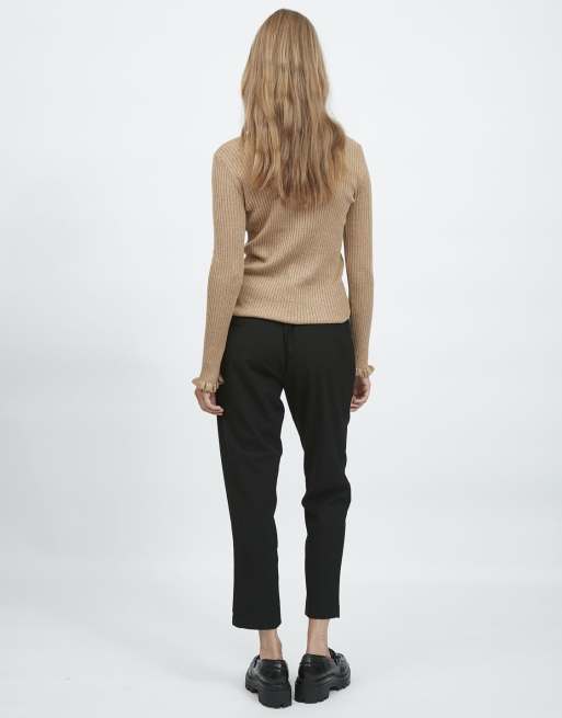 Vila - Maglione accollato lavorato beige con volant, 3 di 4