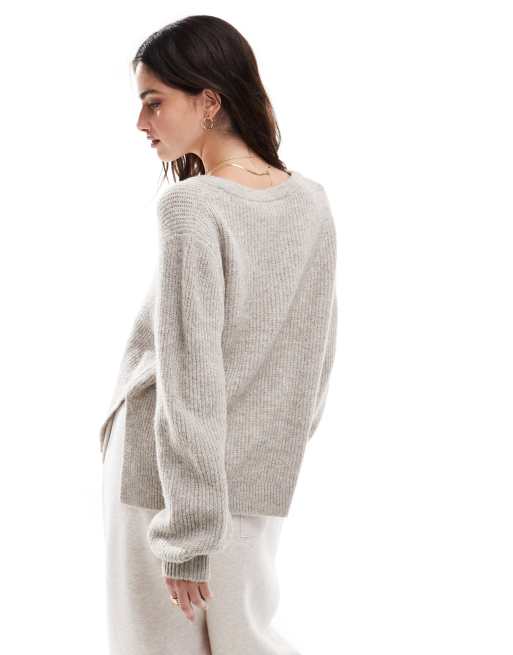 Vila - Maglione beige mélange con scollo a V, 3 di 4