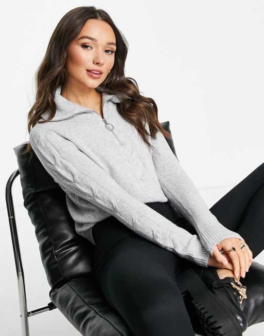 Vila - Maglione grigio con zip sul collo e dettaglio a trecce
