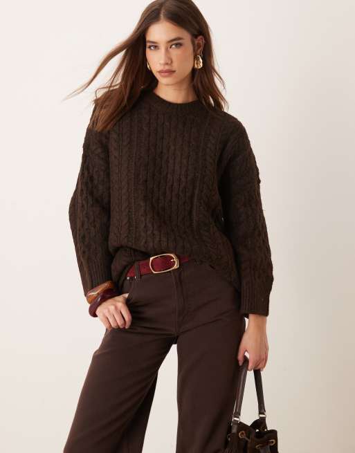 Vila - Maglione lavorato a trecce oversize color chicco di caffè