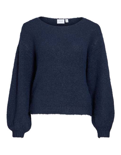 Vila maglione lavorato elasticizzato a coste con girocollo e spalle scese in blu navy, 6 di 7