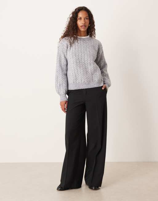 VILA - Maglione lavorato grigio medio mélange con cuciture diagonali, 2 di 4