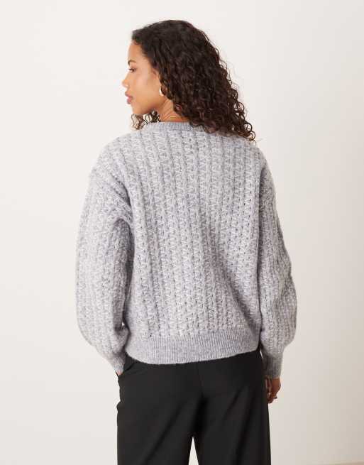 VILA - Maglione lavorato grigio medio mélange con cuciture diagonali, 3 di 4
