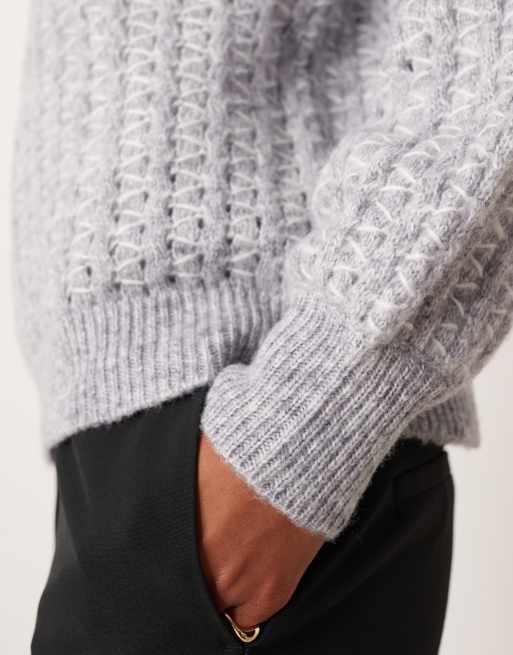VILA - Maglione lavorato grigio medio mélange con cuciture diagonali, 4 di 4