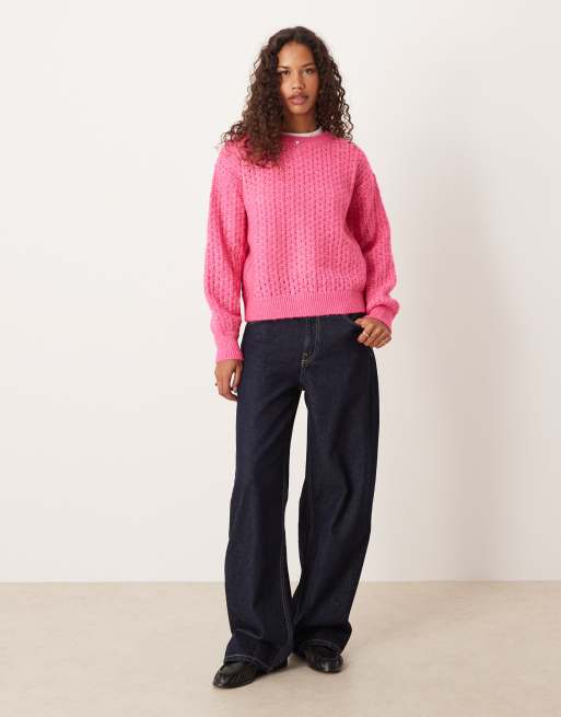 VILA - Maglione lavorato rosa acceso con cuciture diagonali, 2 di 4