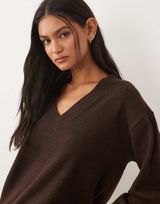 Vila - Maglione oversize lavorato a maglia marrone cioccolato con scollo a V, 3 di 4