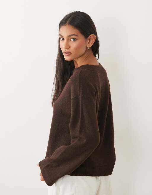 Vila - Maglione oversize lavorato a maglia marrone cioccolato con scollo a V, 4 di 4