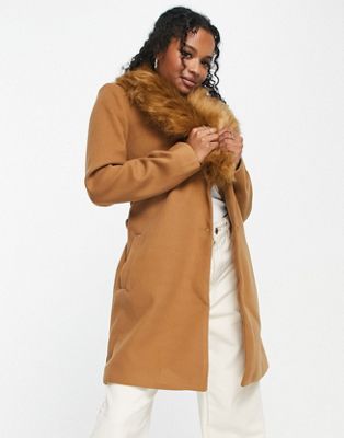 Vila belted coat with fur collar in camel - ASOS Price Checker