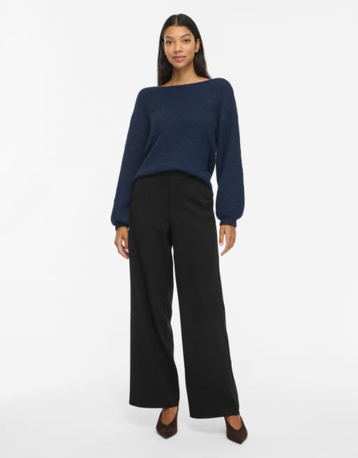 Vila Marley ribbed crew neck stretch knitted drop shoulder jumper in navy blazer, 3 of 7