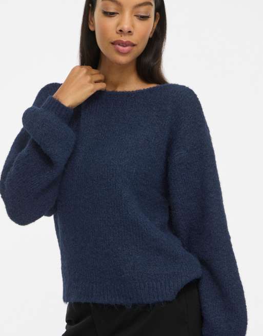 Vila Marley ribbed crew neck stretch knitted drop shoulder jumper in navy blazer, 5 of 7