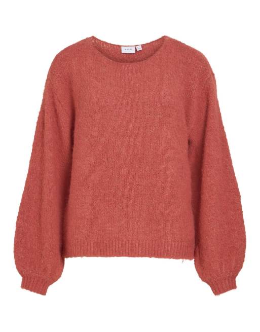 Vila Marley ribbed crew neck stretch knitted drop shoulder jumper in red, 6 of 7