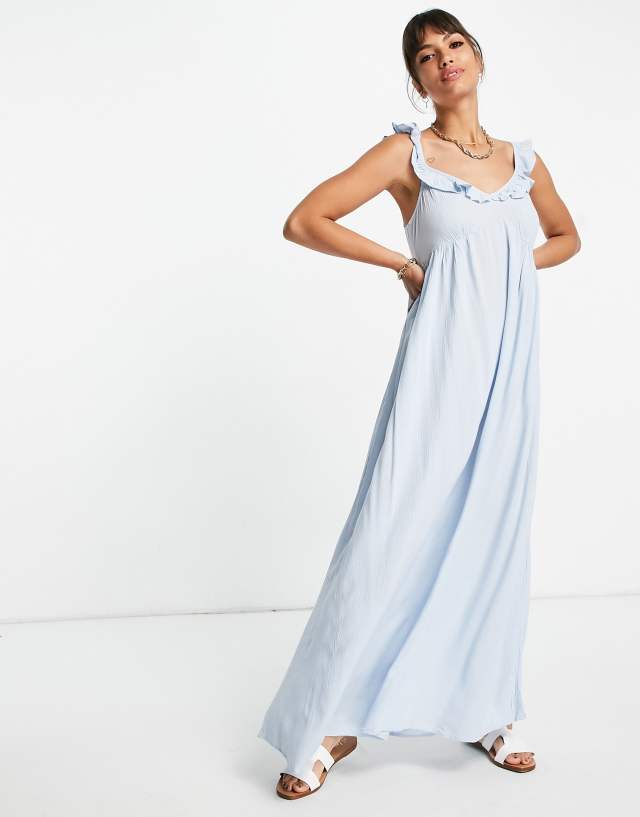 Vila maxi beach dress with ruffle shoulder in blue