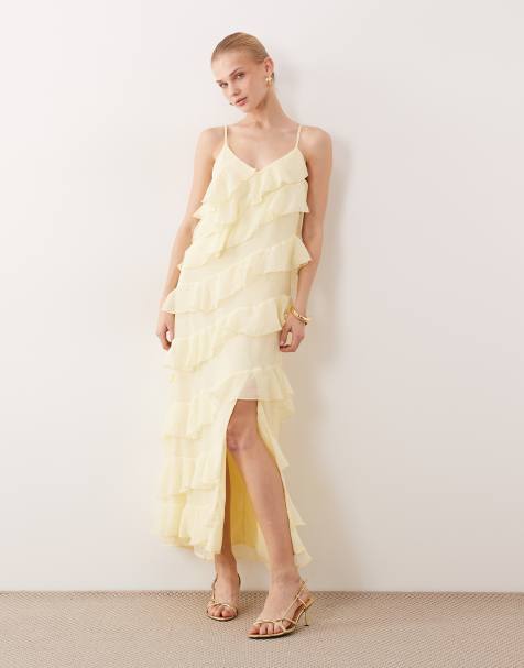 VILA - Maxi cami-jurk met ruches en hoge split in pastelgeel - view 1