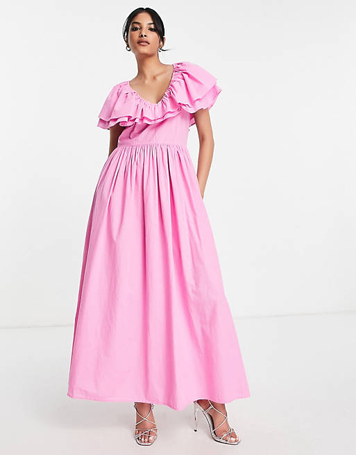 Vila maxi dress with frill detail in pink
