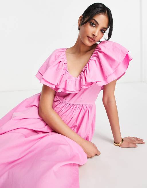 Vila maxi dress with frill detail in pink