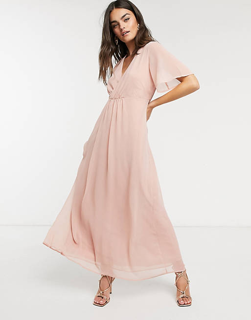 Vila maxi dress with gathered wrap front and flutter sleeves in pink | ASOS