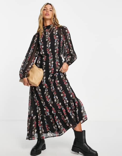 Vila maxi dress with high neck in floral pannelling