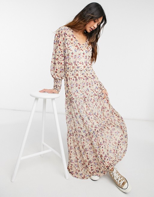 Vila maxi dress with long sleeves and gathered waist in pink floral