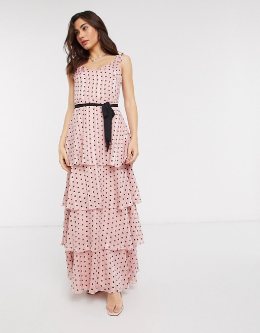Vila maxi dress with tie waist and tiered skirt in pink polka dot