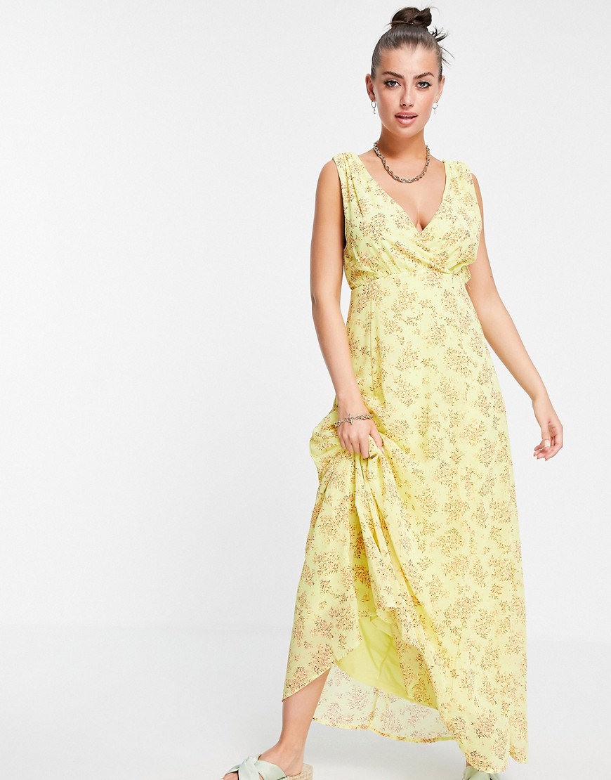 Vila Maxi Dress With Wrap Front Detail In Yellow Floral-Multi