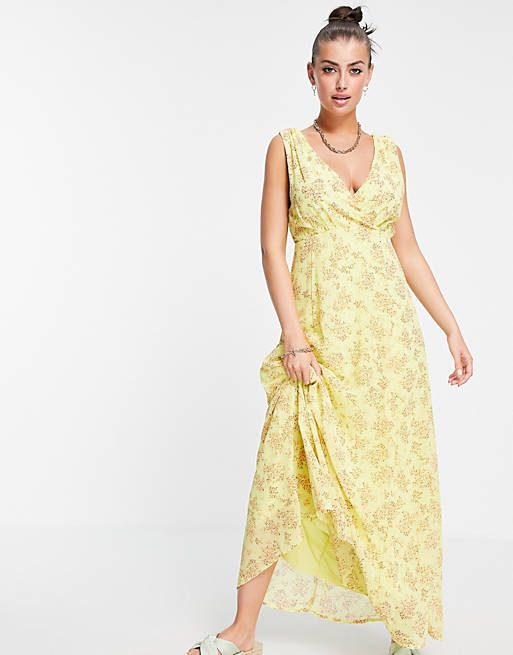 Vila maxi dress with wrap front detail in yellow floral