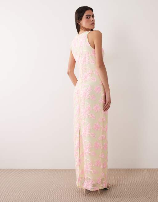 VILA - Maxi jurk met geborduurde bloemen in pastelgeel en roze, 3 van 4