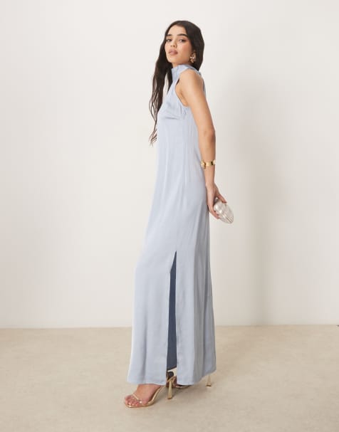VILA - Maxi jurk met gestrikte halternek in pastelblauw - view 1