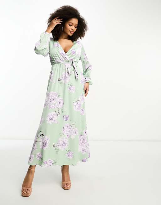 Vila Maxi jurk met overslag in mintgroen met bloemenprint