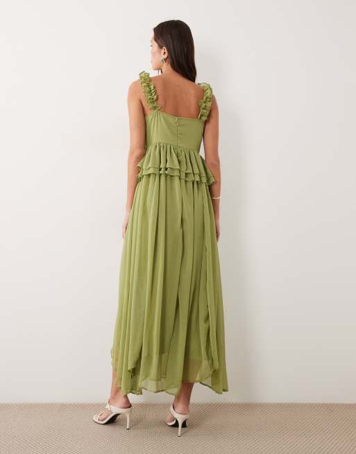 Vila - Maxi jurk van chiffon met ruches aan de bandjes in diep saliegroen, 3 van 4