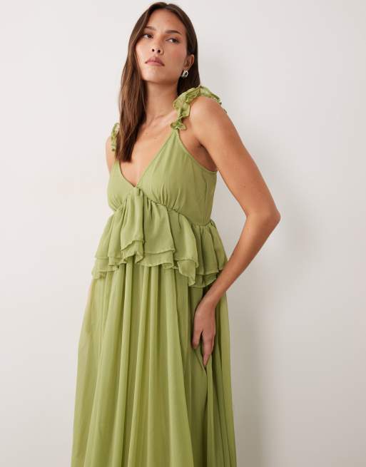 Vila - Maxi jurk van chiffon met ruches aan de bandjes in diep saliegroen, 4 van 4