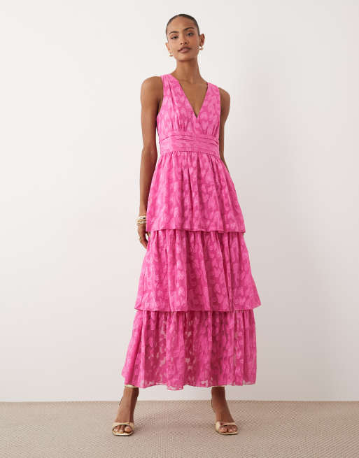 VILA - Maxi jurk van jacquard met stroken en V-hals in roze, 2 van 4