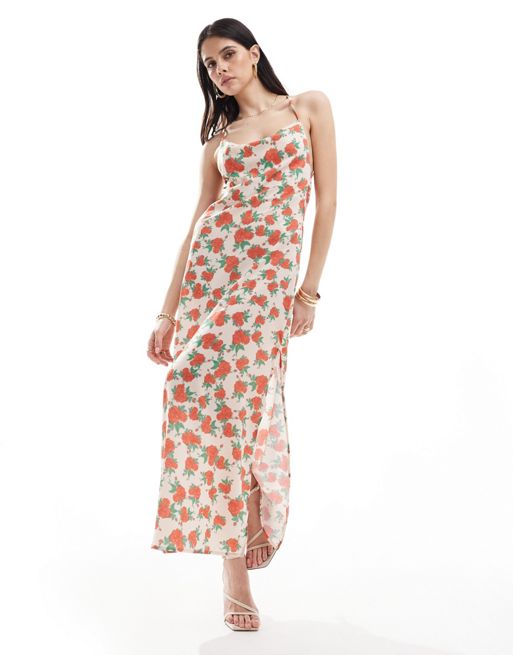 Vila - Maxi jurk van satijn met lage, gedrapeerde achterkant, bandjes en rozenprint