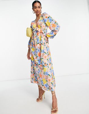 Vila maxi smock dress with volume sleeved and frill in bright blue floral