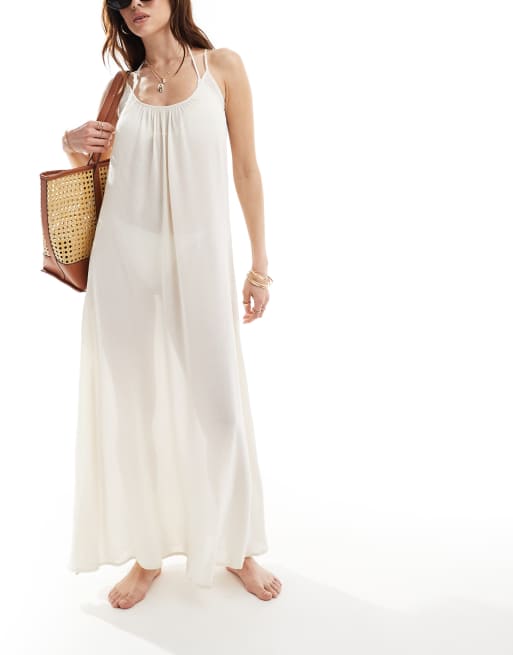 Vila – Maxi-Strandkleid in Cremeweiß mit schmalen Trägern