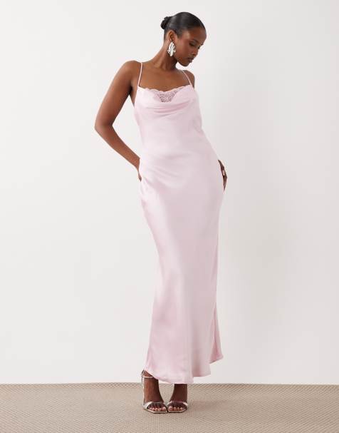 VILA – Maxi-Trägerkleid aus Satin in Kirschblütenrosa mit Spitzeneinsatz und Wasserfallausschnitt - view 1