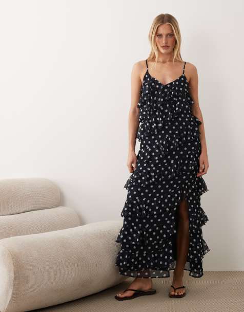 VILA – Maxi-Trägerkleid in Marineblau mit hohem Schlitz, Rüschen und Polka Dots - view 1