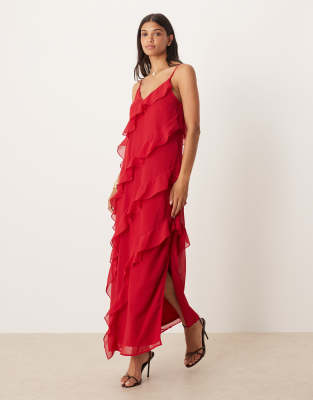 VILA - Maxi-Trägerkleid in Rot mit Rüschen