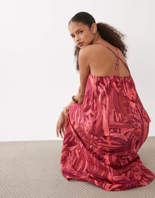 Maxi-Trägerkleid mit überkreuzten Trägern und tropischem Muster in Rot-Mehrfarbig Mehrfarbig 38