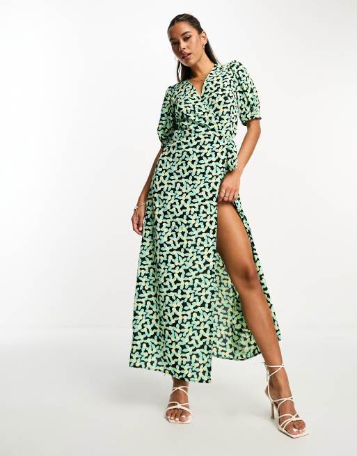 Vila Maxi wikkeljurk met bloemenprint in groen ASOS