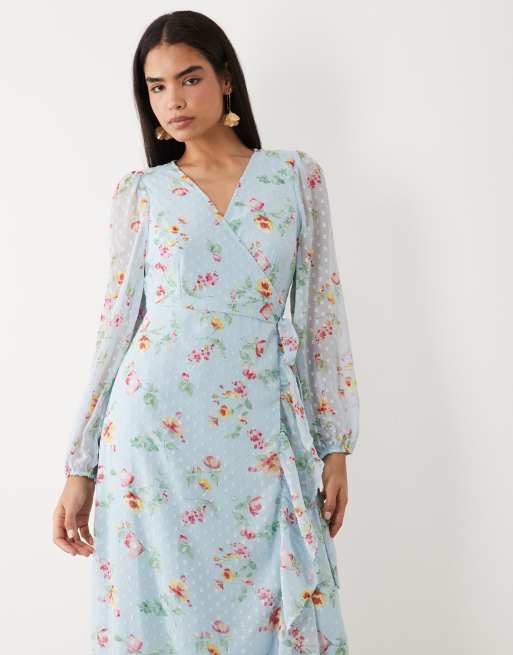 VILA - Maxi wikkeljurk van dobbystof met ruches in lichtblauw met bloemenprint, 2 van 4