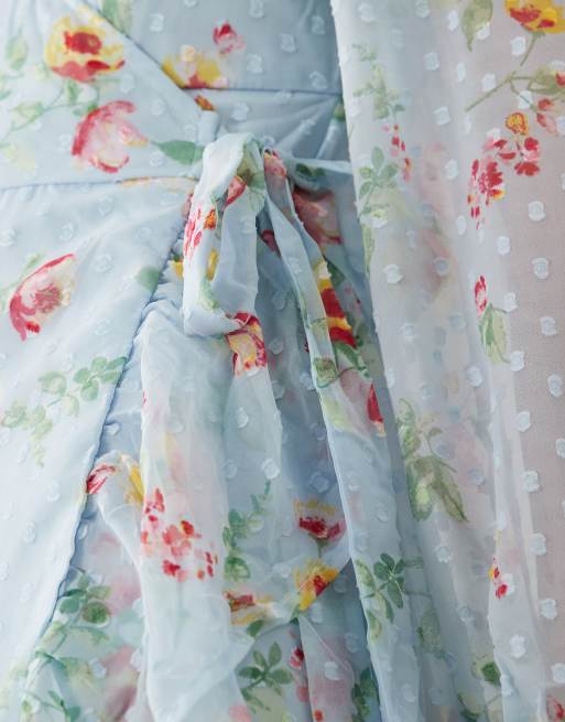 VILA - Maxi wikkeljurk van dobbystof met ruches in lichtblauw met bloemenprint, 3 van 4