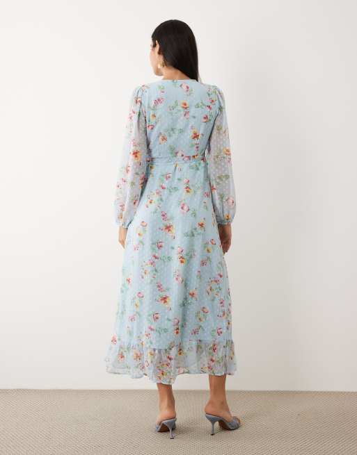VILA - Maxi wikkeljurk van dobbystof met ruches in lichtblauw met bloemenprint, 4 van 4