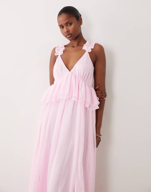VILA – Maxikleid aus Chiffon in Kirschblütenrosa mit Rüschenträgern, 2 von 4
