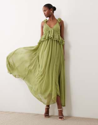 VILA - Maxikleid aus Chiffon in kräftigem Salbeigrün mit Rüschenträgern