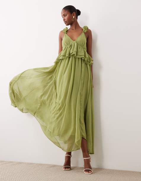 VILA – Maxikleid aus Chiffon in kräftigem Salbeigrün mit Rüschenträgern - view 1