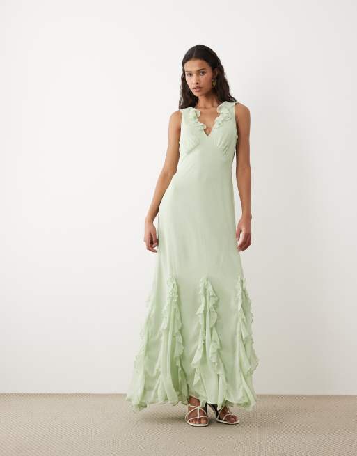 VILA – Maxikleid aus Chiffon in Rauchgrün mit Rüschenbesatz, 2 von 4