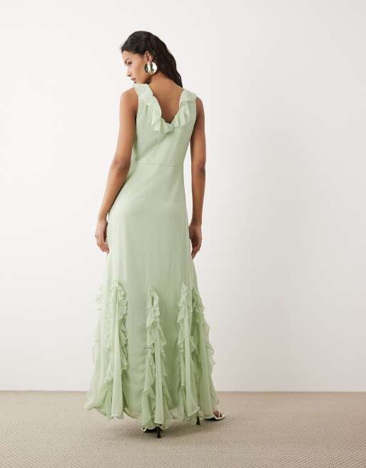 VILA – Maxikleid aus Chiffon in Rauchgrün mit Rüschenbesatz, 4 von 4